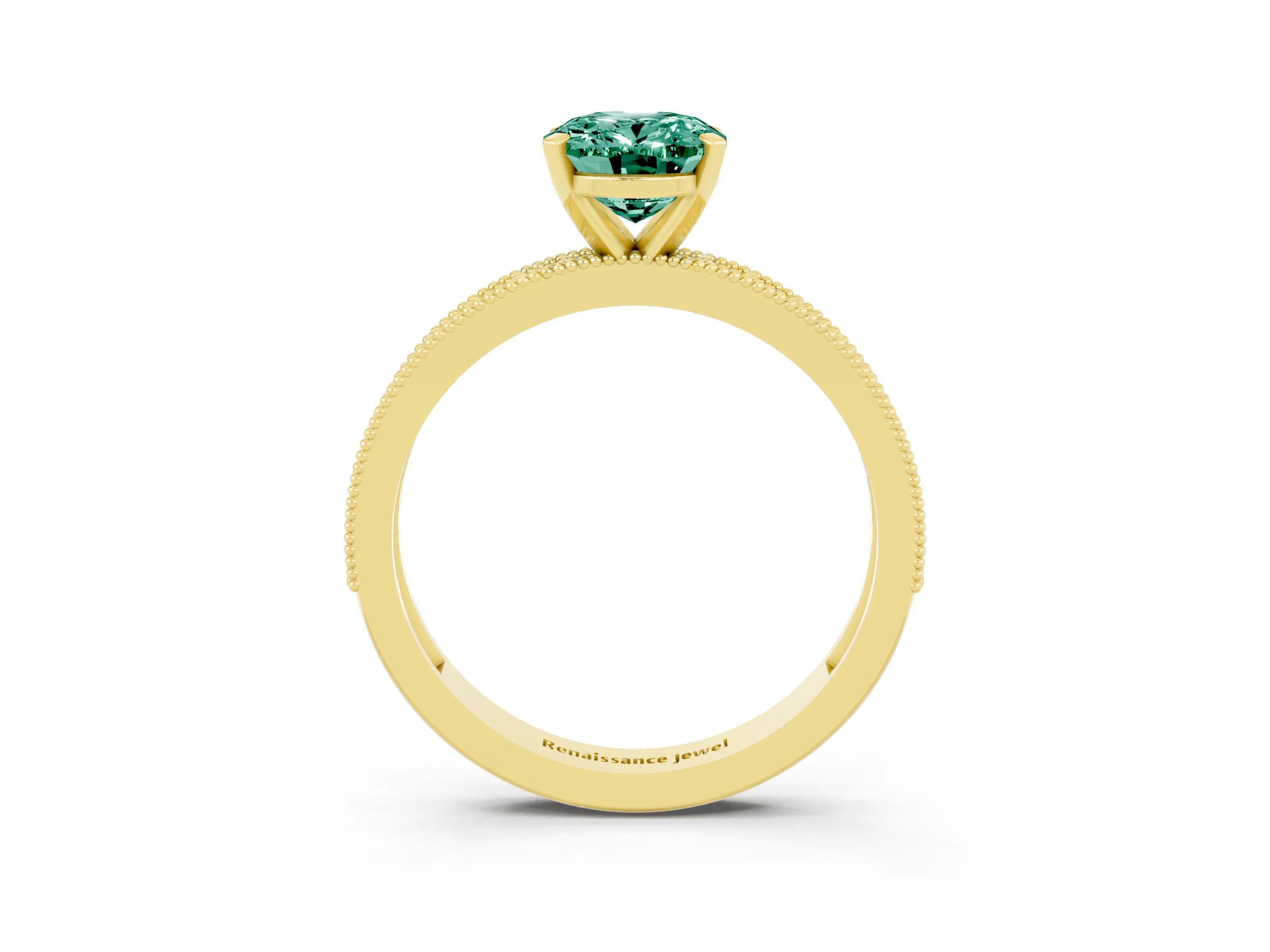 Yellow gold Oval Cut Green Sapphire Milgrain Pavé Engagement Ring with Four-Prong Setting_26