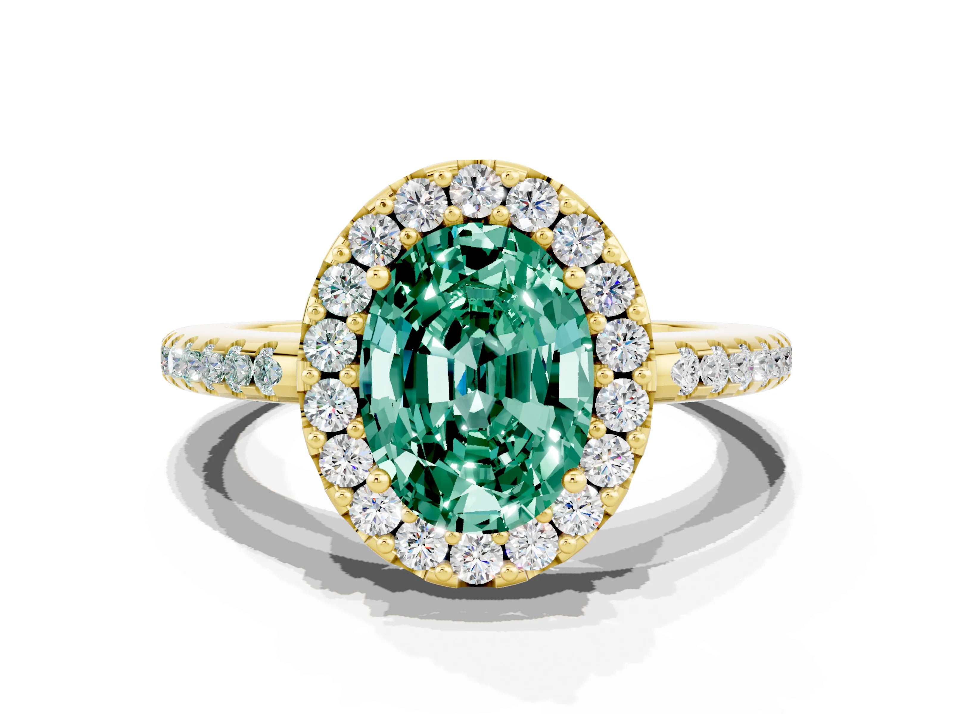 Yellow gold Oval Cut Green Sapphire Pavé Halo Ring with Four-Prong Setting_12