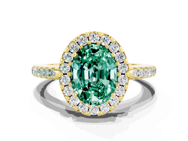 Yellow gold Oval Cut Green Sapphire Pavé Halo Ring with Four-Prong Setting
