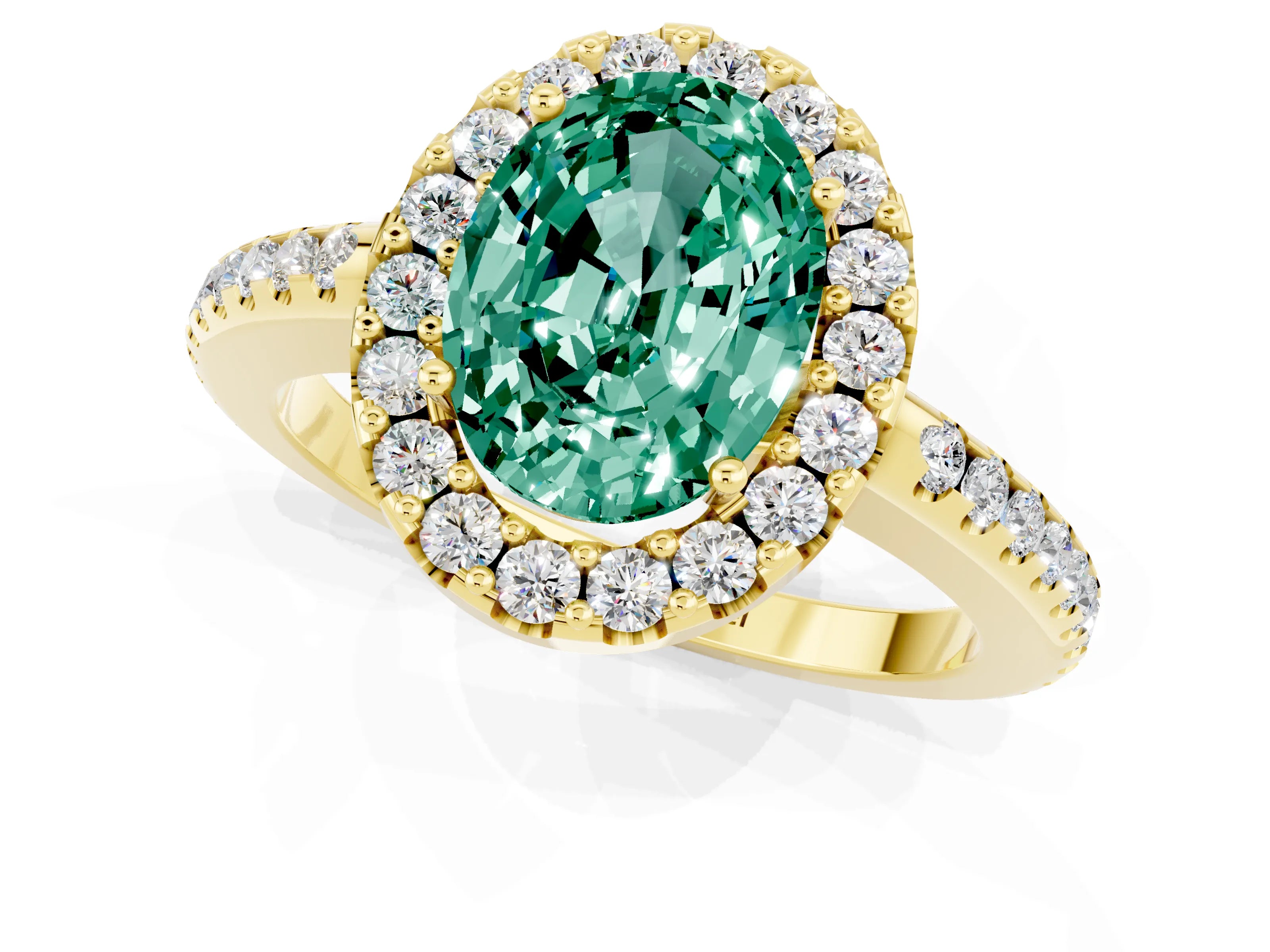 Yellow gold Oval Cut Green Sapphire Pavé Halo Ring with Four-Prong Setting_13