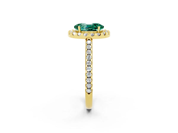 Yellow gold Oval Cut Green Sapphire Pavé Halo Ring with Four-Prong Setting