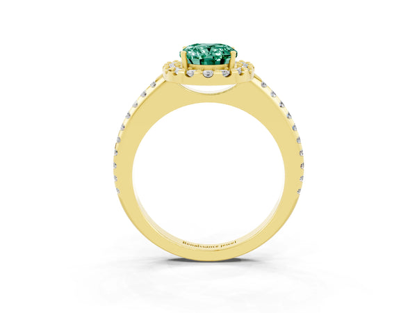 Yellow gold Oval Cut Green Sapphire Pavé Halo Ring with Four-Prong Setting