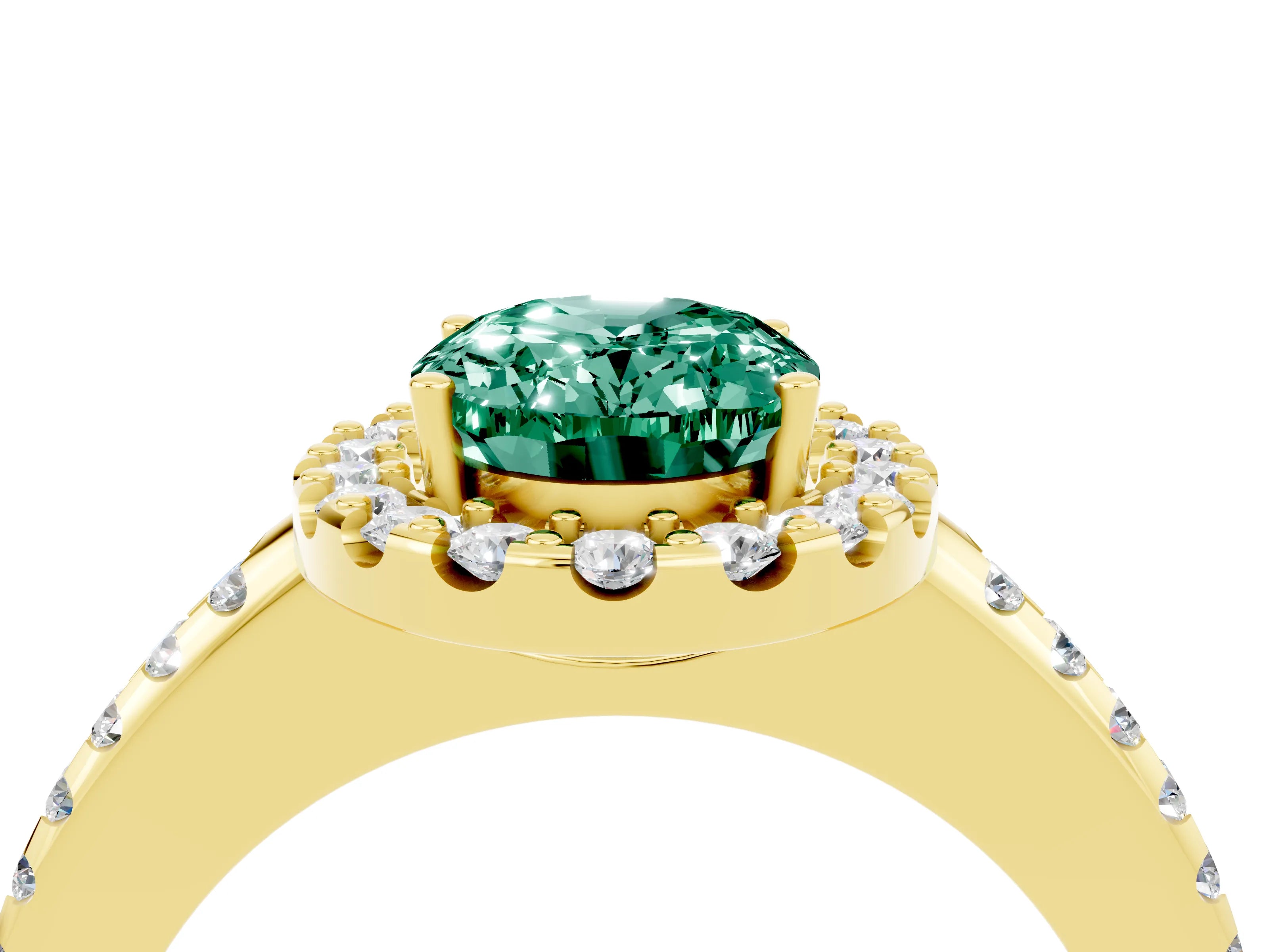 Yellow gold Oval Cut Green Sapphire Pavé Halo Ring with Four-Prong Setting_16