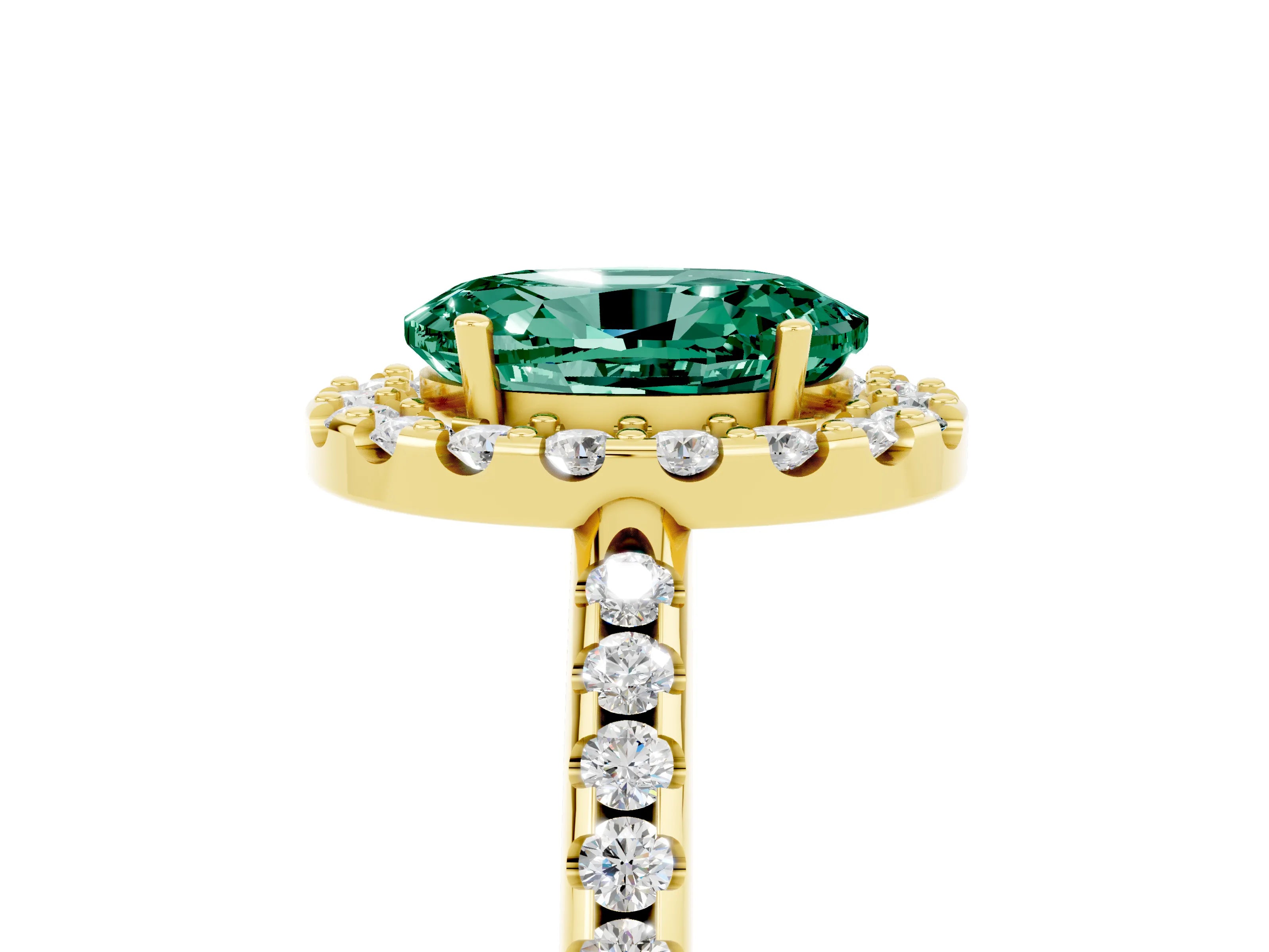 Yellow gold Oval Cut Green Sapphire Pavé Halo Ring with Four-Prong Setting_17