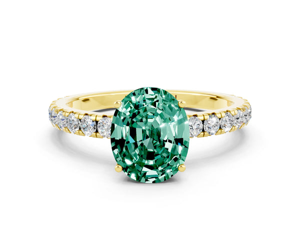 Yellow gold Oval Cut Green Sapphire Pavé Solitaire Engagement Ring with Four-Prong Setting