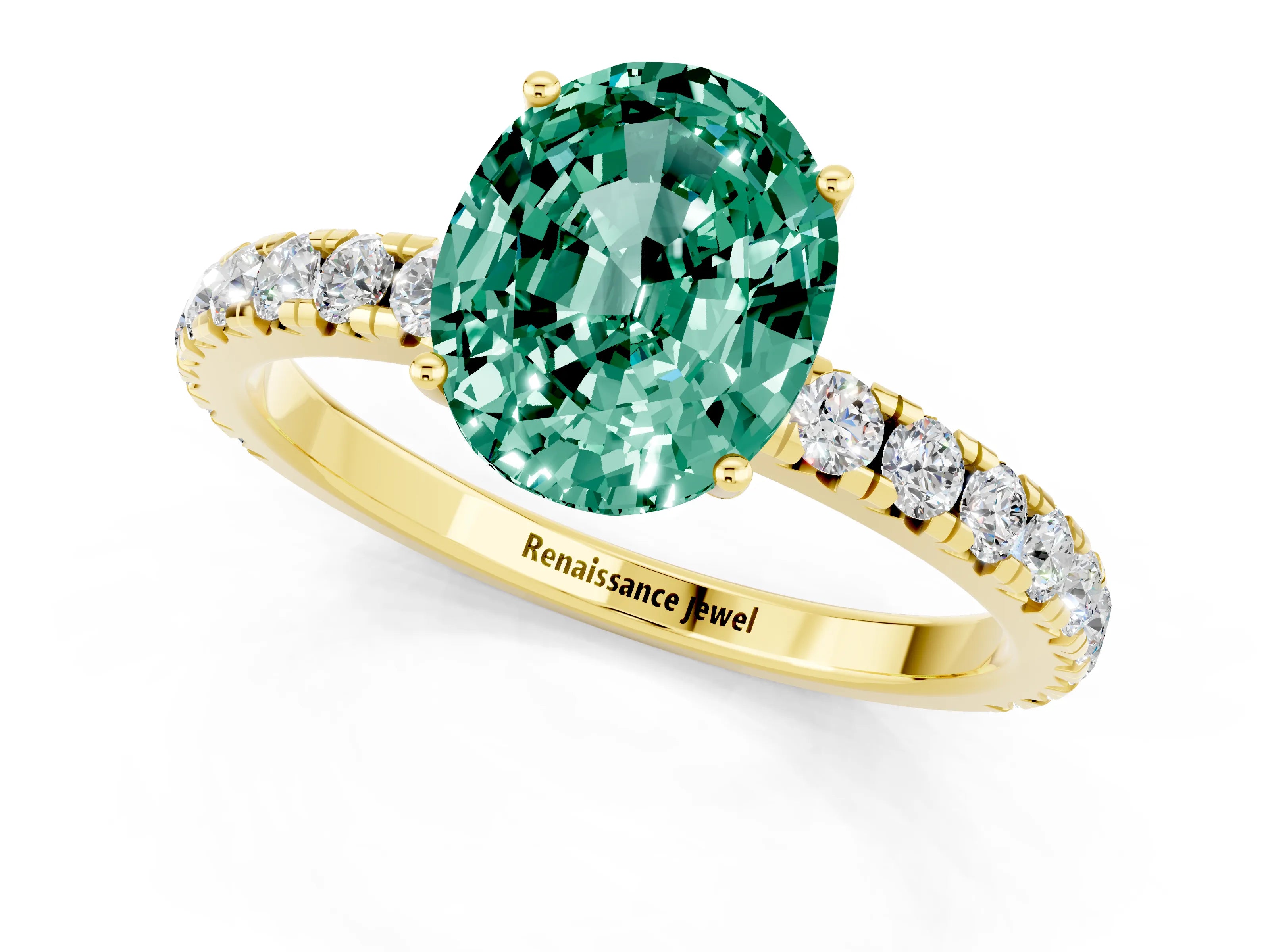 Yellow gold Oval Cut Green Sapphire Pavé Solitaire Engagement Ring with Four-Prong Setting_13