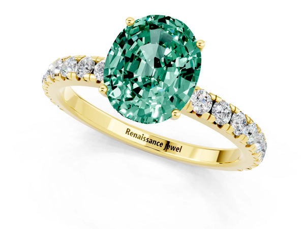 Yellow gold Oval Cut Green Sapphire Pavé Solitaire Engagement Ring with Four-Prong Setting