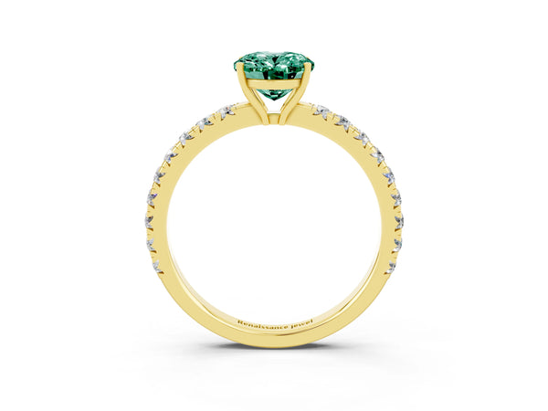 Yellow gold Oval Cut Green Sapphire Pavé Solitaire Engagement Ring with Four-Prong Setting