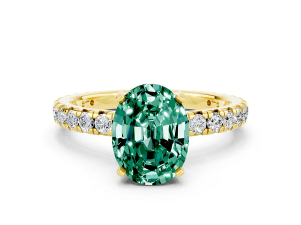 Yellow gold Oval Cut Green Sapphire Pavé Solitaire Ring with Round Band and Prong Setting