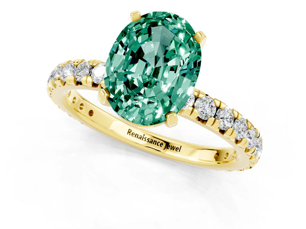 Yellow gold Oval Cut Green Sapphire Pavé Solitaire Ring with Round Band and Prong Setting