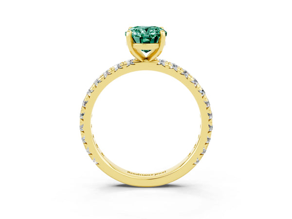 Yellow gold Oval Cut Green Sapphire Pavé Solitaire Ring with Round Band and Prong Setting
