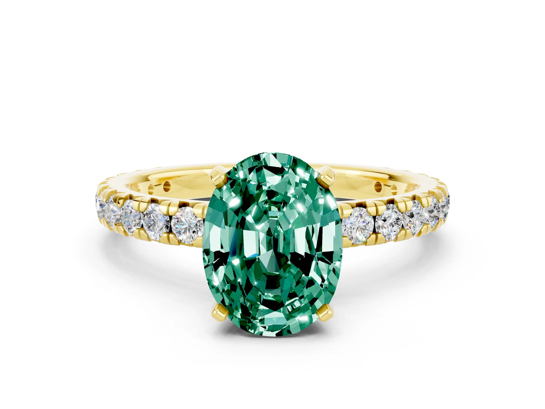 Yellow gold Oval Cut Green Sapphire Pavé Solitaire Ring with Round Band and Prong Setting_24