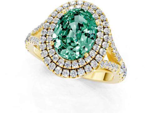 Yellow gold Oval Cut Green Sapphire Pavé Split Shank Double Halo Engagement Ring_1