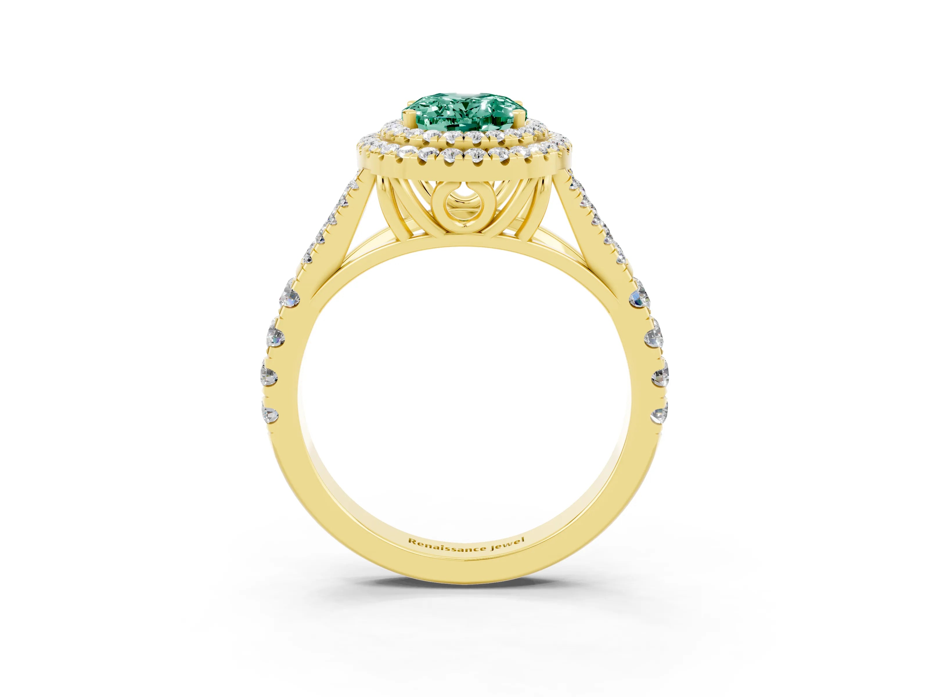 Yellow gold Oval Cut Green Sapphire Pavé Split Shank Double Halo Engagement Ring_3