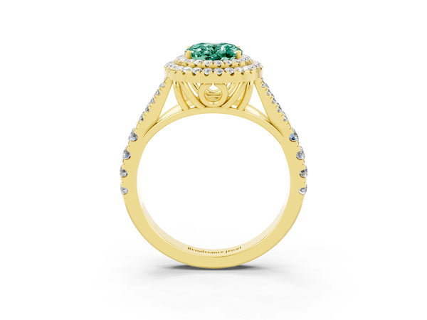 Yellow gold Oval Cut Green Sapphire Pavé Split Shank Double Halo Engagement Ring