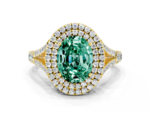 Yellow gold Oval Cut Green Sapphire Pavé Split Shank Double Halo Engagement Ring