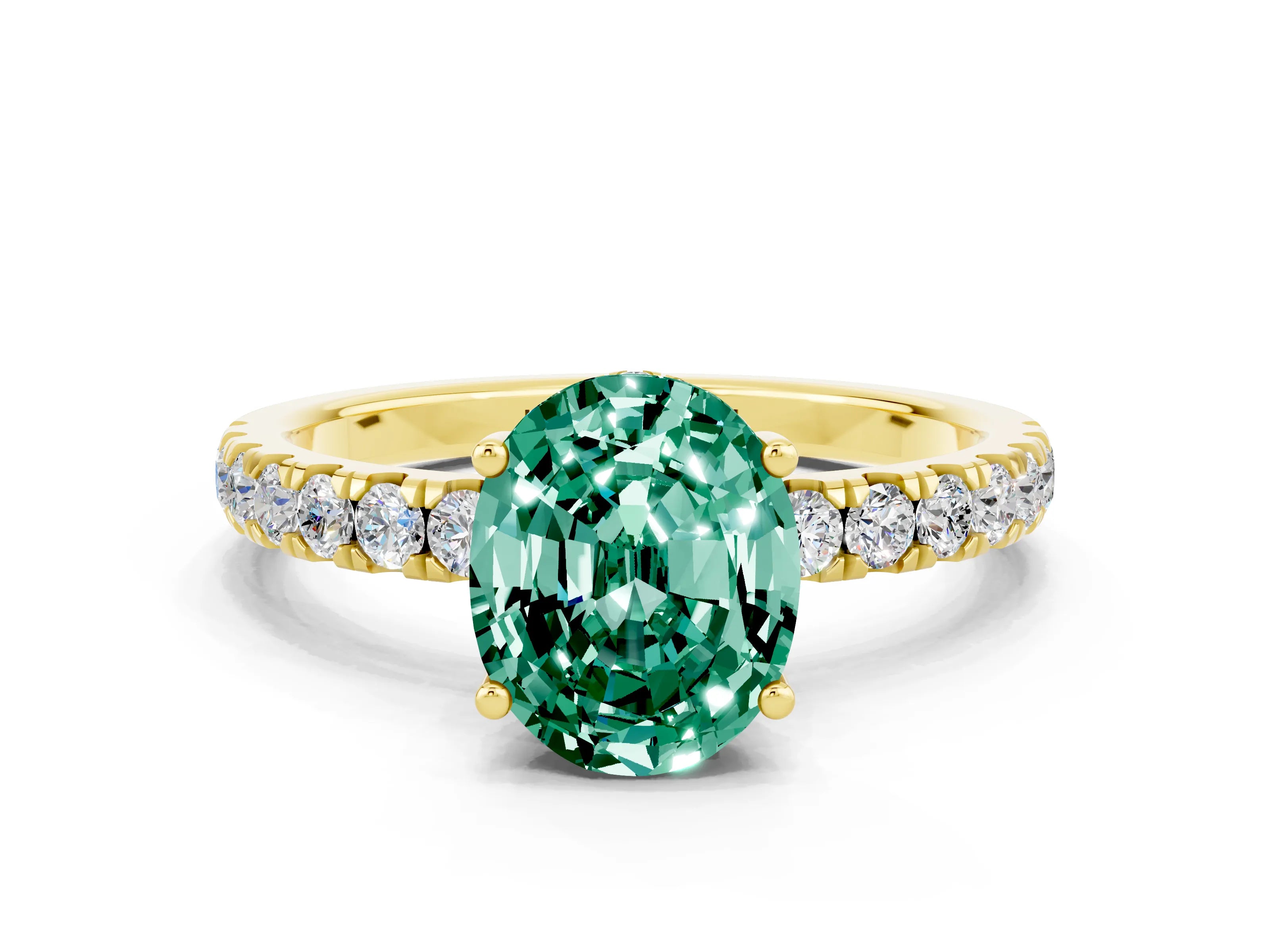 Yellow gold Oval Cut Green Sapphire Pave Band Solitaire Ring with Four-Prong Setting_24