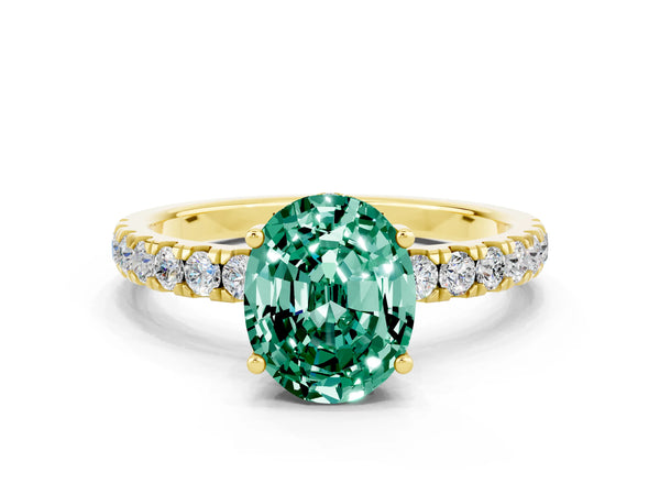 Yellow gold Oval Cut Green Sapphire Pave Band Solitaire Ring with Round  and Prong Setting