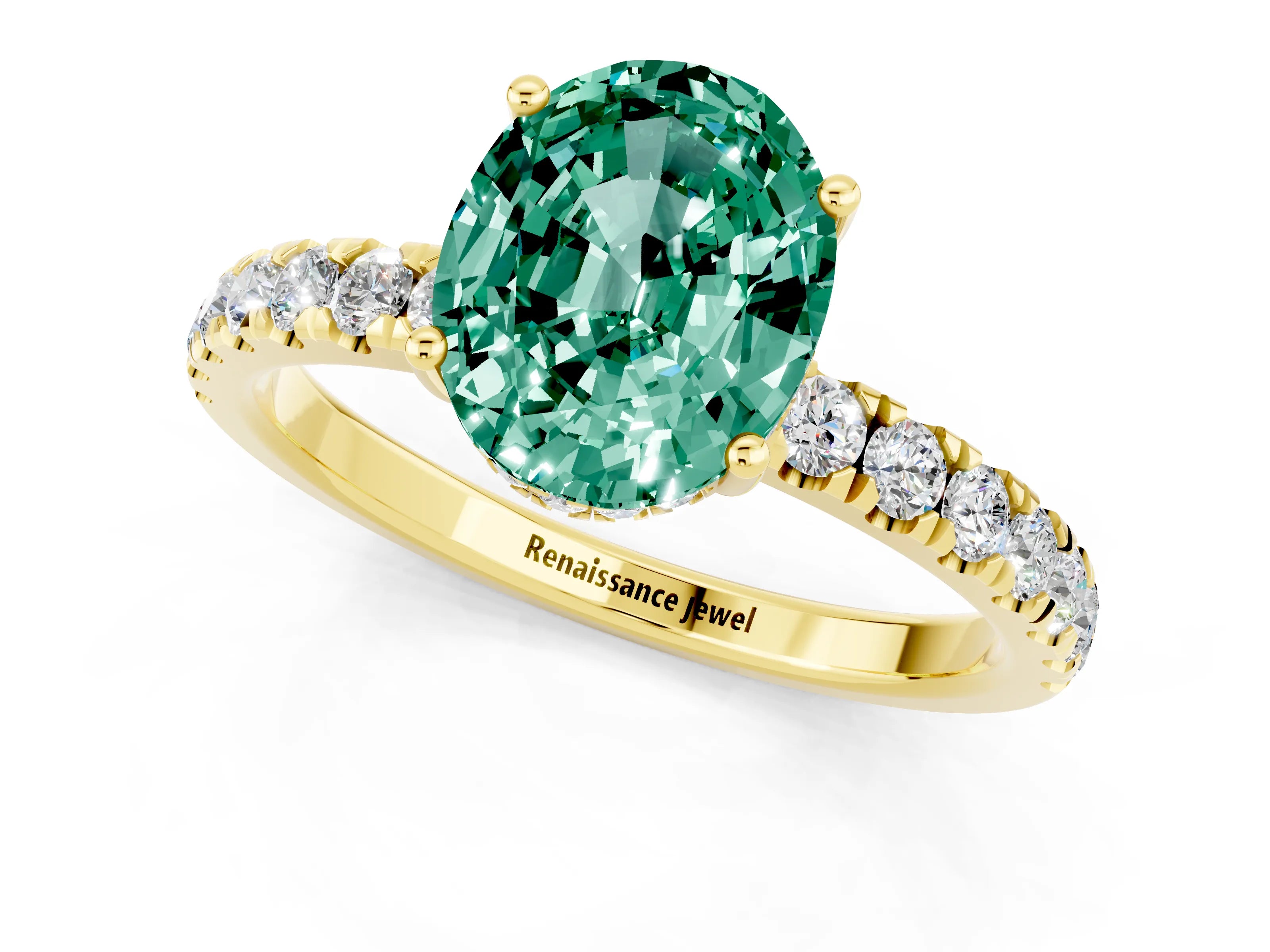 Yellow gold Oval Cut Green Sapphire Pave Band Solitaire Ring with Four-Prong Setting_25