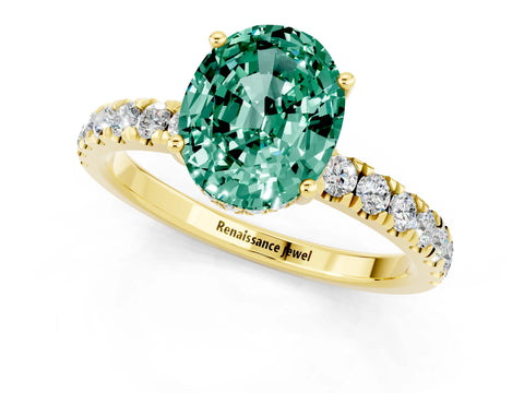 Yellow gold Oval Cut Green Sapphire Pave Band Solitaire Ring with Four-Prong Setting_25