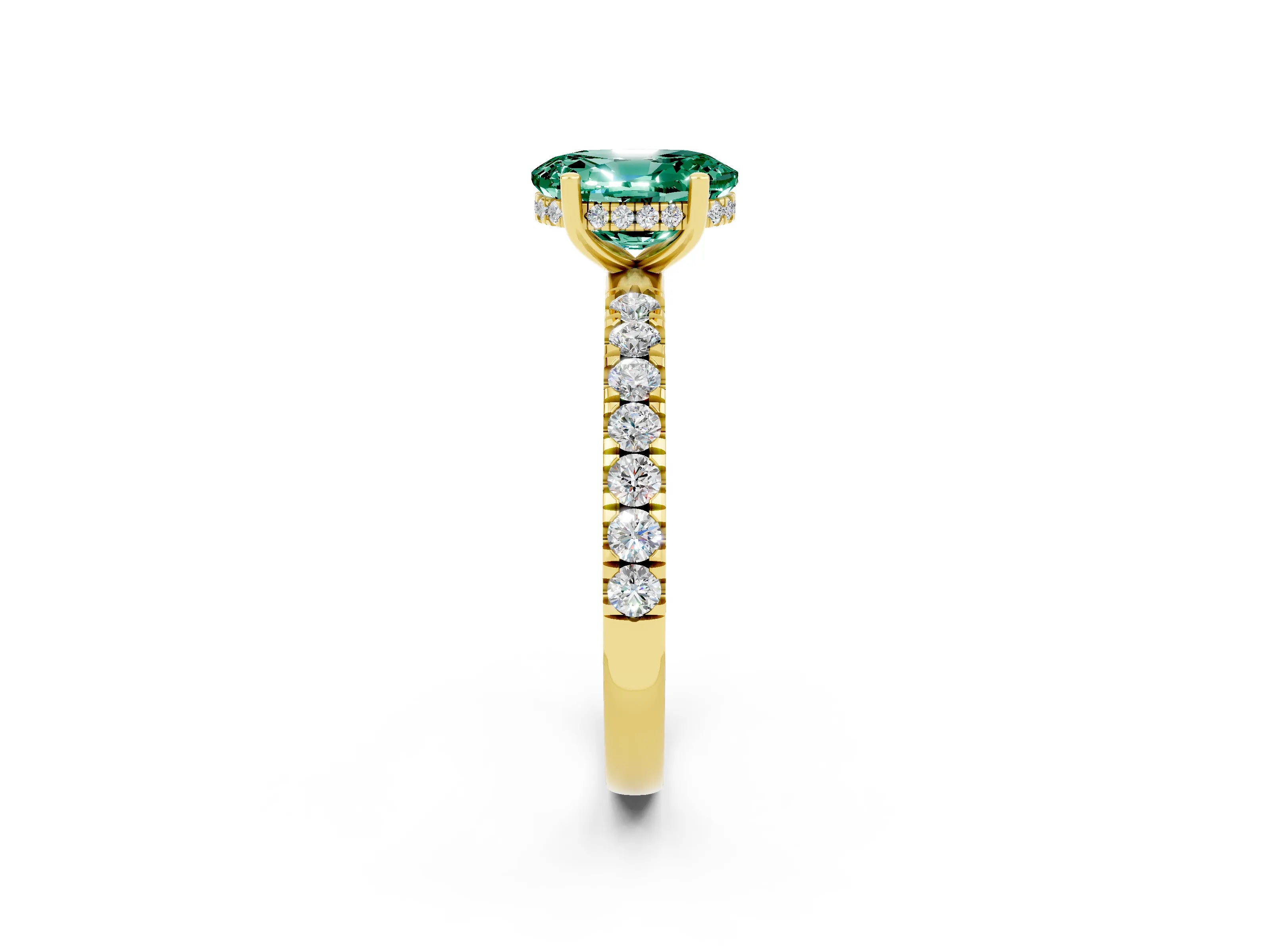 Yellow gold Oval Cut Green Sapphire Pave Band Solitaire Ring with Four-Prong Setting_26