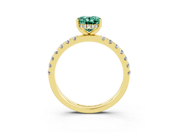 Yellow gold Oval Cut Green Sapphire Pave Band Solitaire Ring with Round  and Prong Setting