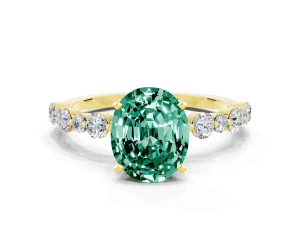 Yellow gold Oval Cut Green Sapphire Prong Set Engagement Ring with Pavé Band