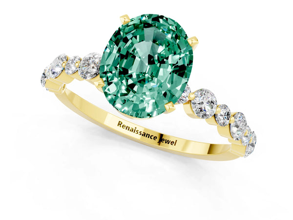 Yellow gold Oval Cut Green Sapphire Prong Set Engagement Ring with Pavé Band