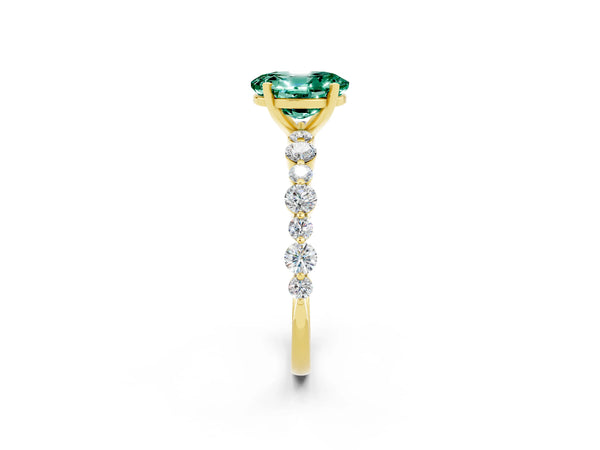Yellow gold Oval Cut Green Sapphire Prong Set Engagement Ring with Pavé Band