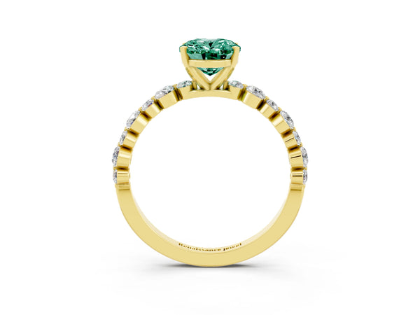 Yellow gold Oval Cut Green Sapphire Prong Set Engagement Ring with Pavé Band