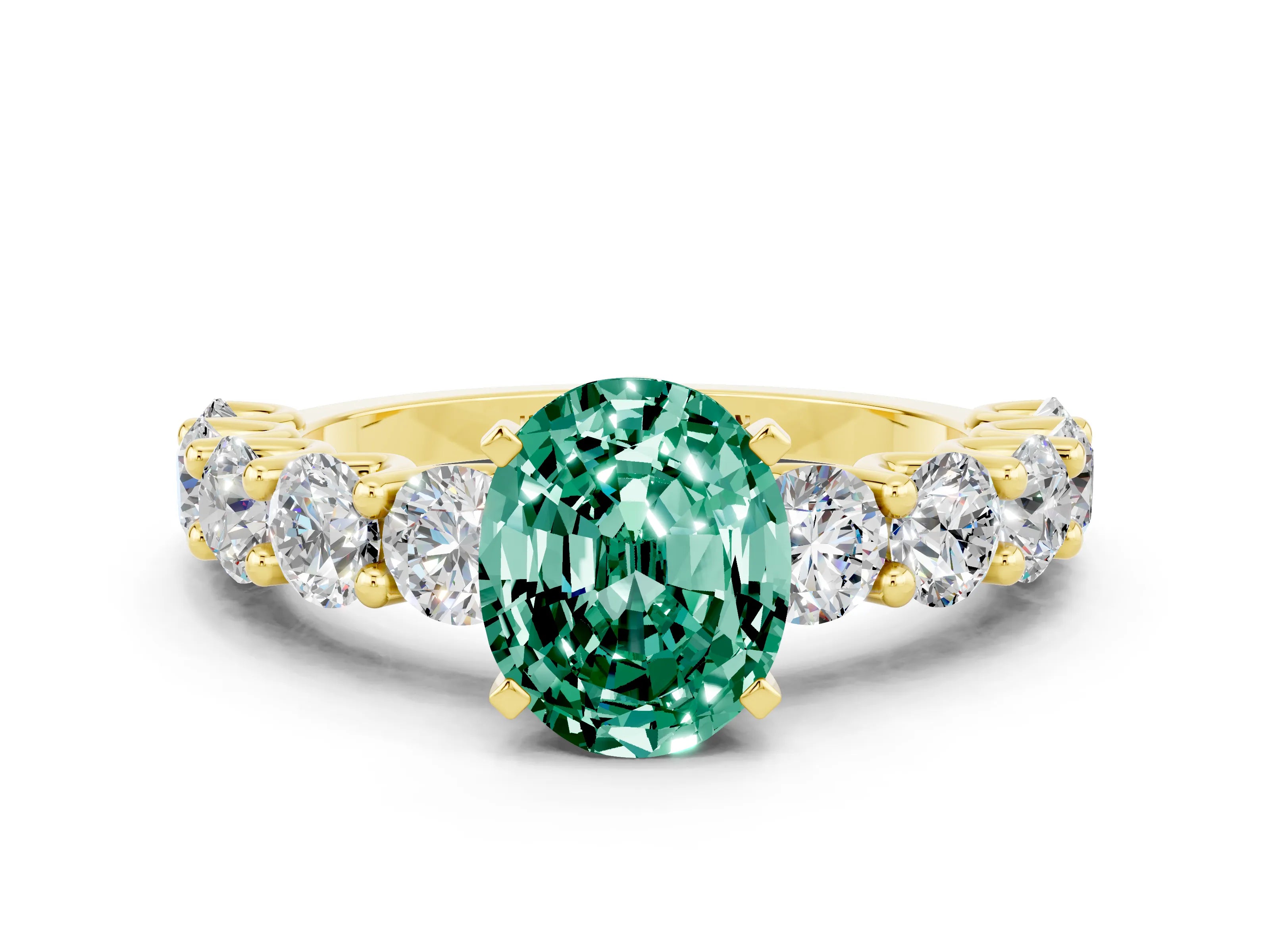 Yellow gold Oval Cut Green Sapphire Prong Setting with Side Stones on a Pave Band