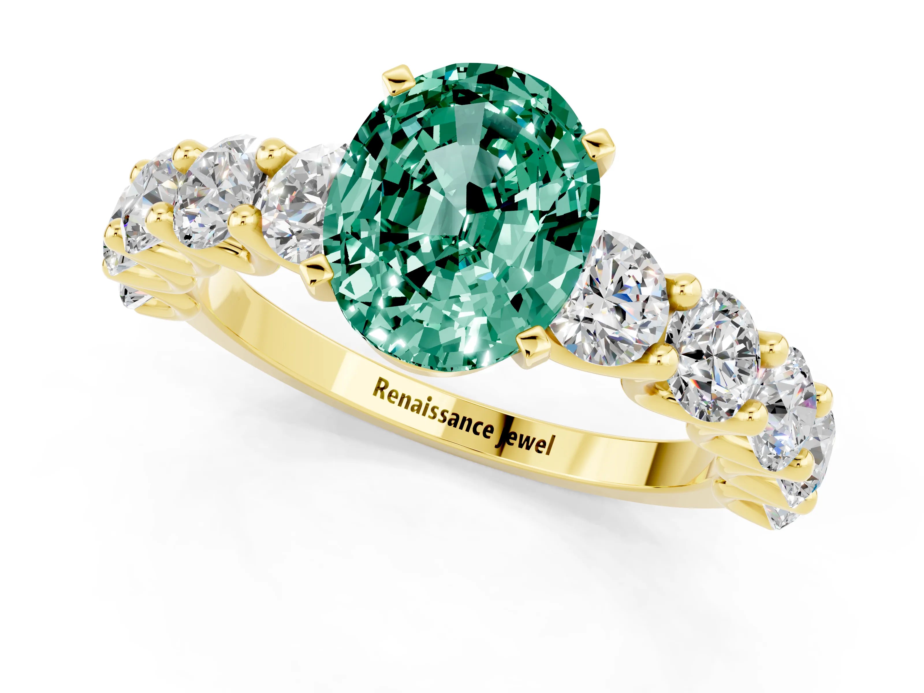 Yellow gold Oval Cut Green Sapphire Prong Setting with Side Stones on a Pave Band_1