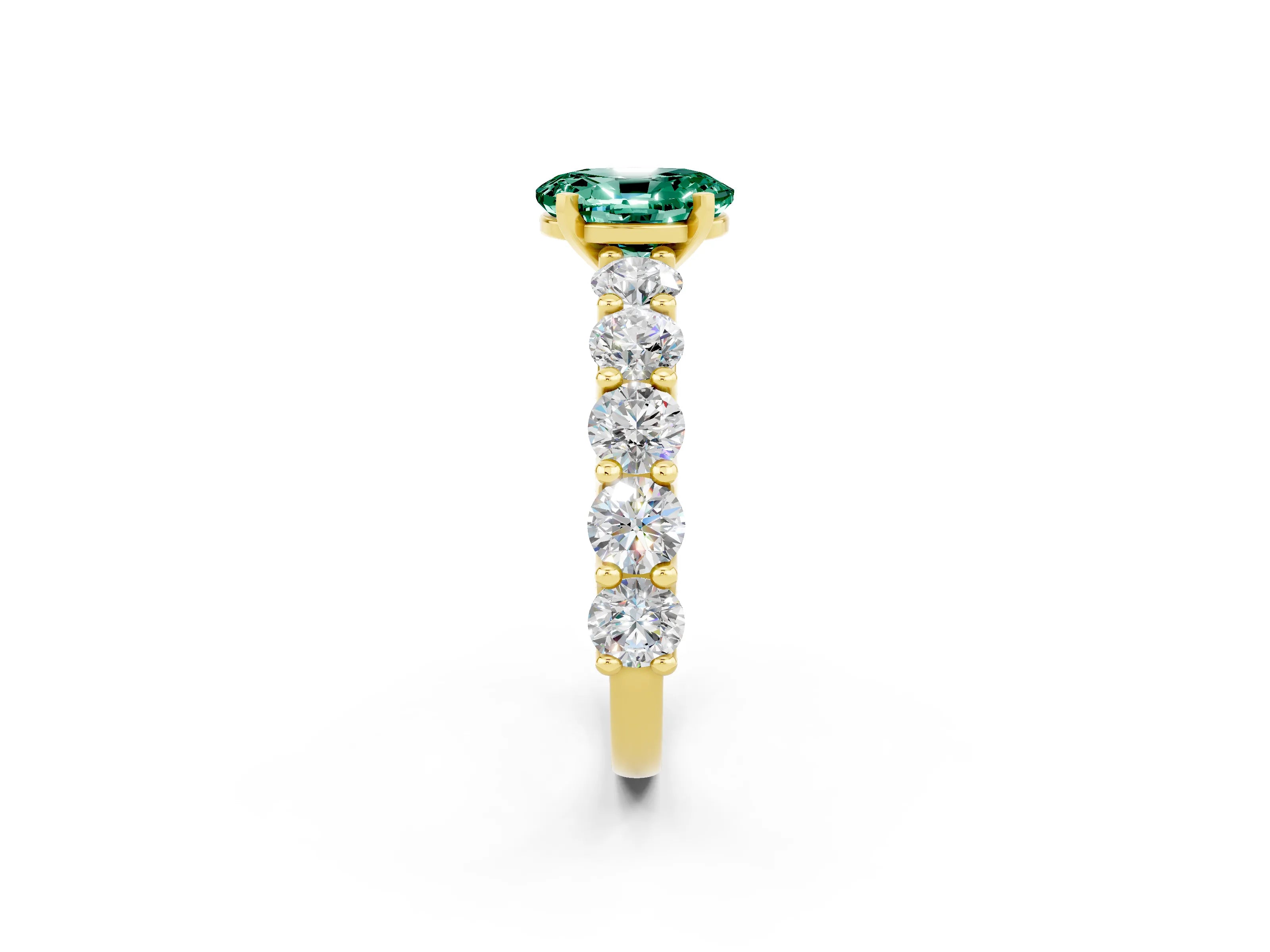 Yellow gold Oval Cut Green Sapphire Prong Setting with Side Stones on a Pave Band_2