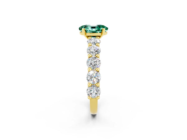 Yellow gold Oval Cut Green Sapphire Prong Setting with Side Stones on a Pave Band
