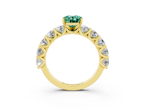 Yellow gold Oval Cut Green Sapphire Prong Setting with Side Stones on a Pave Band