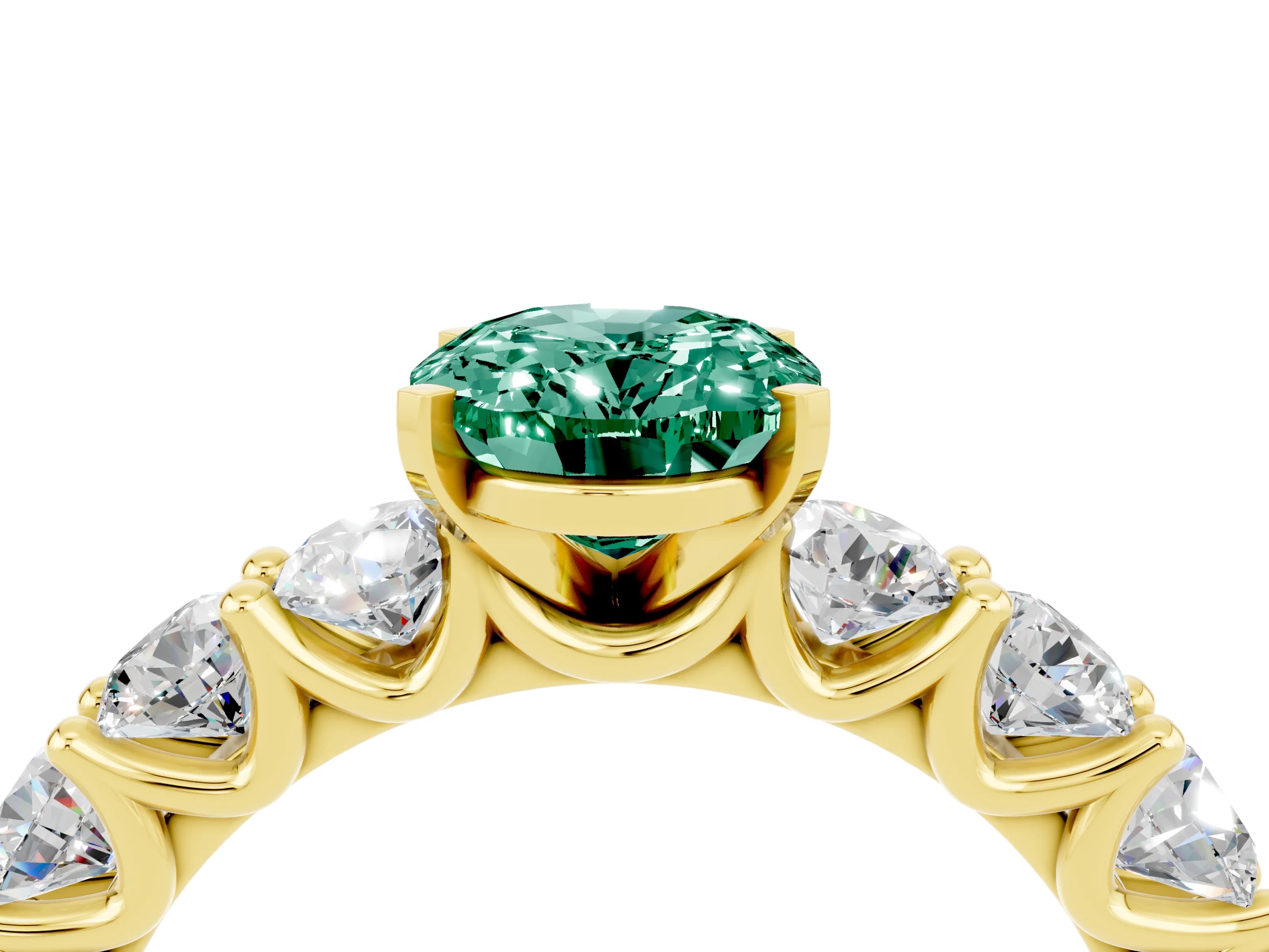 Yellow gold Oval Cut Green Sapphire Prong Setting with Side Stones on a Pave Band_4
