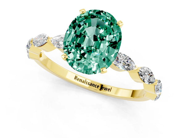 Yellow gold Oval Cut Green Sapphire Ring with Marquise Side Stones and Prong Setting