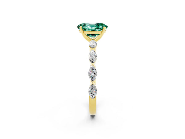 Yellow gold Oval Cut Green Sapphire Ring with Marquise Side Stones and Prong Setting