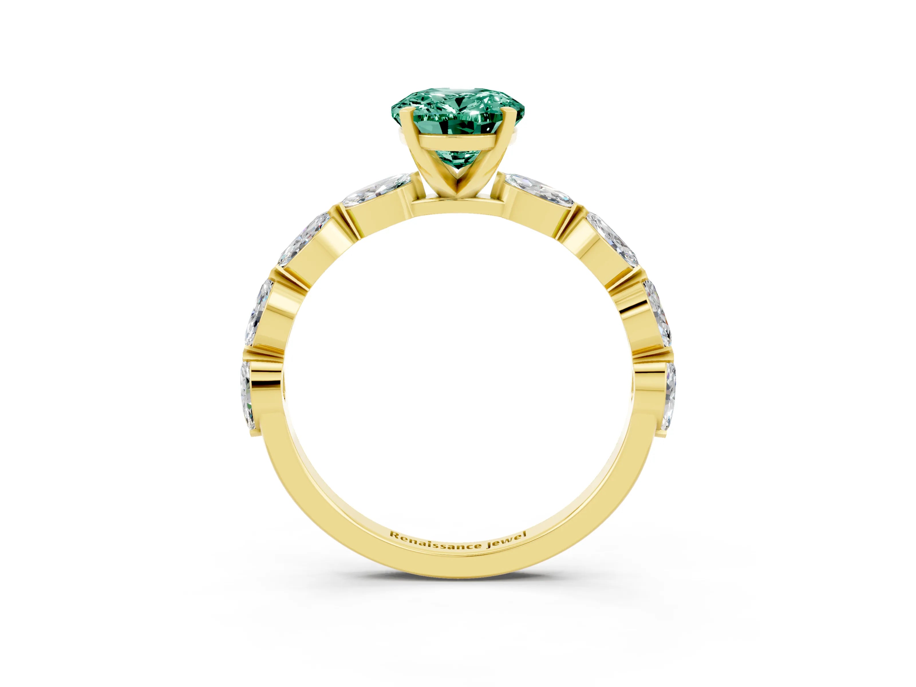 Yellow gold Oval Cut Green Sapphire Ring with Marquise Side Stones and Prong Setting_3