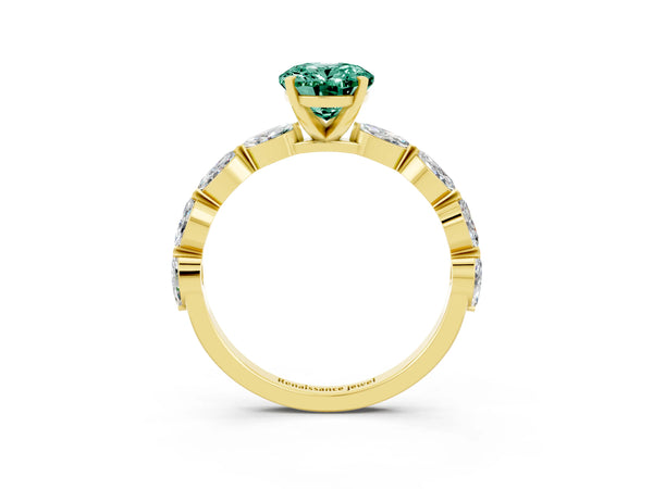 Yellow gold Oval Cut Green Sapphire Ring with Marquise Side Stones and Prong Setting