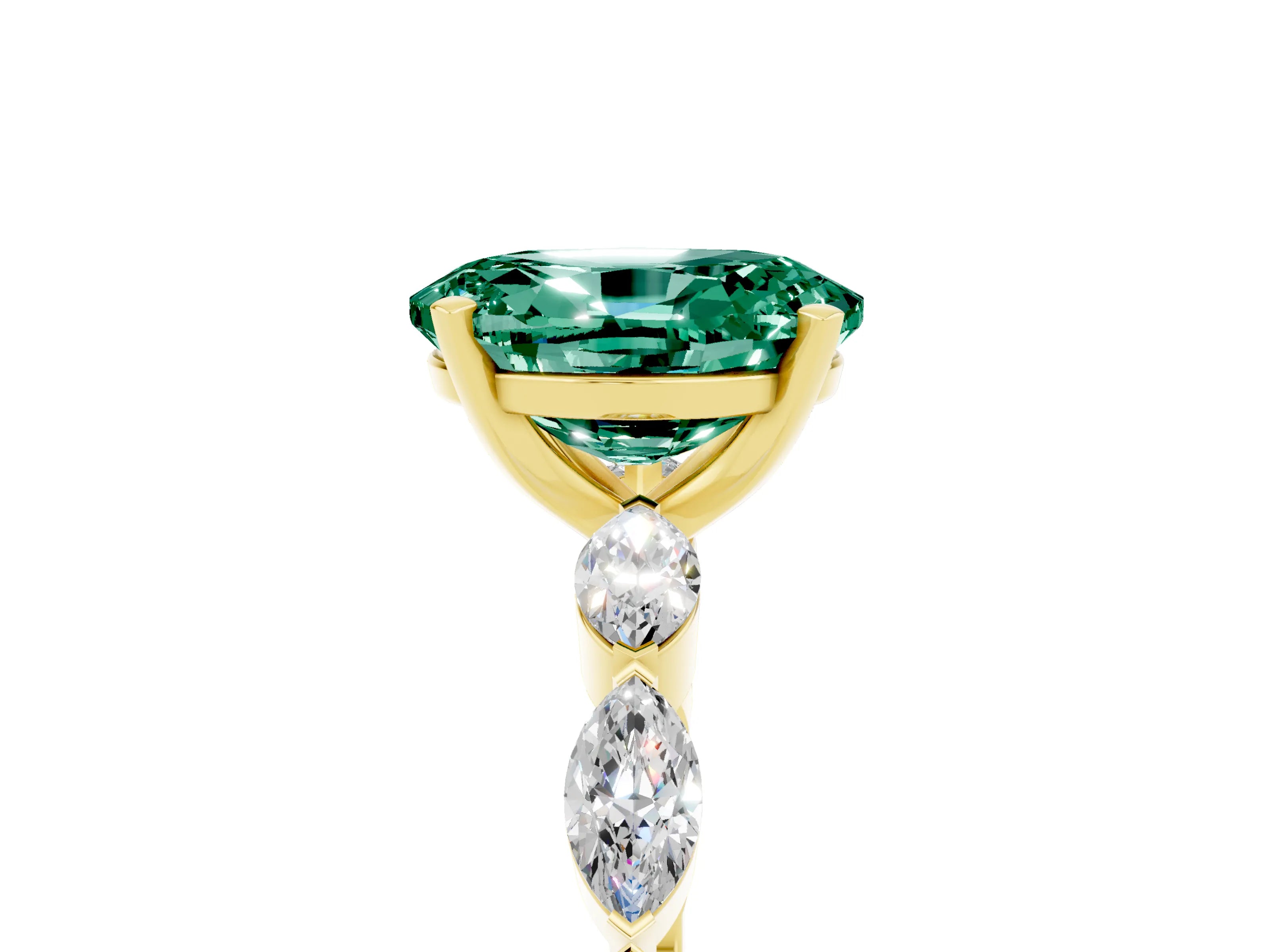 Yellow gold Oval Cut Green Sapphire Ring with Marquise Side Stones and Prong Setting_5