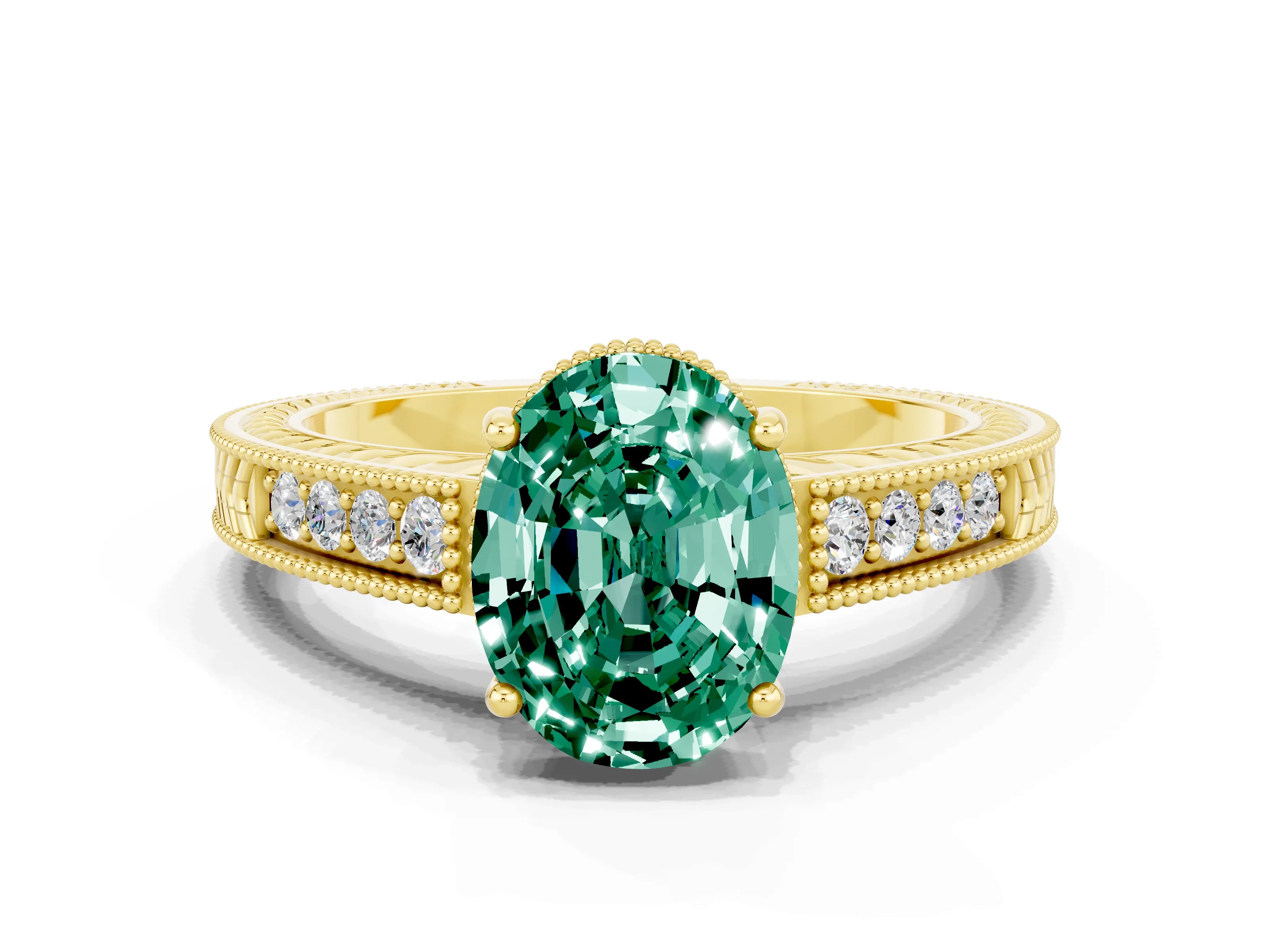 Yellow gold Oval Cut Green Sapphire Ring with Milgrain Pavé Band and Four-Prong Setting_12