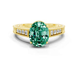 Yellow gold Oval Cut Green Sapphire Ring with Milgrain Pavé Band and Four-Prong Setting_12