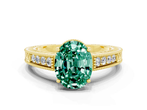 Yellow gold Oval Cut Green Sapphire Ring with Milgrain Pavé Band and Four-Prong Setting_12