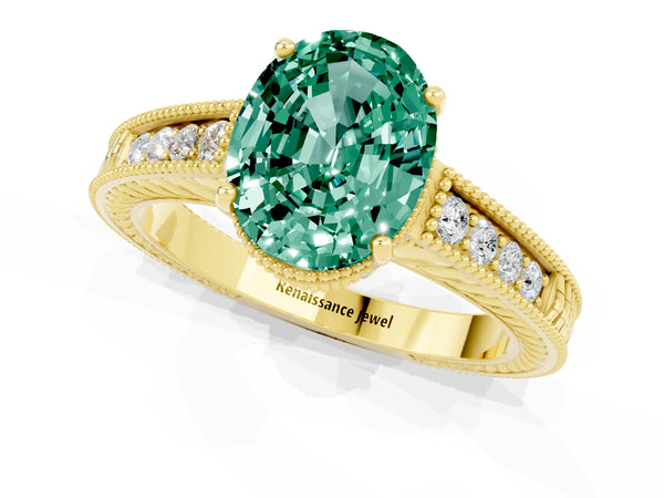 Yellow gold Oval Cut Green Sapphire Ring with Milgrain Pavé Band and Four-Prong Setting
