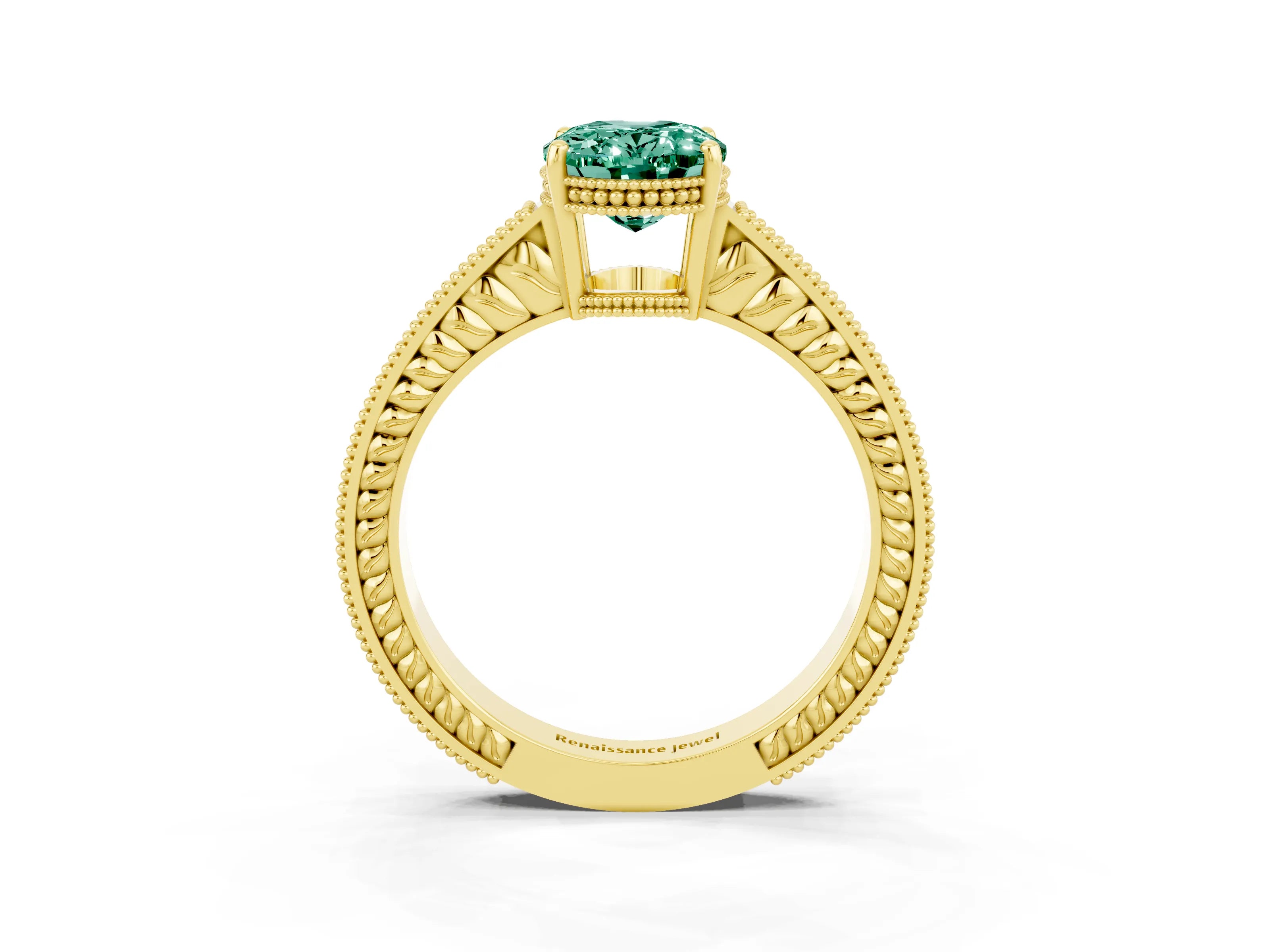 Yellow gold Oval Cut Green Sapphire Ring with Milgrain Pavé Band and Four-Prong Setting_15