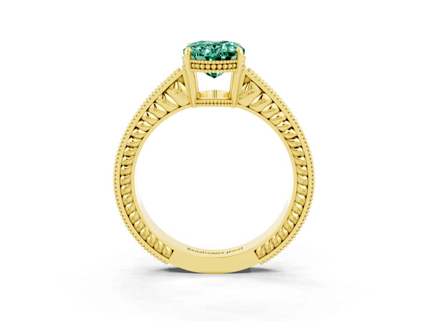 Yellow gold Oval Cut Green Sapphire Ring with Milgrain Pavé Band and Four-Prong Setting