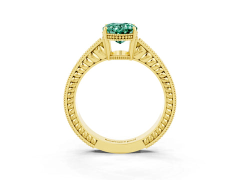 Yellow gold Oval Cut Green Sapphire Ring with Milgrain Pavé Band and Four-Prong Setting_15