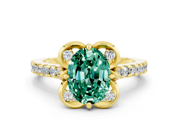 Yellow gold Oval Cut Green Sapphire Ring with Pavé Band and Floral Prong Setting