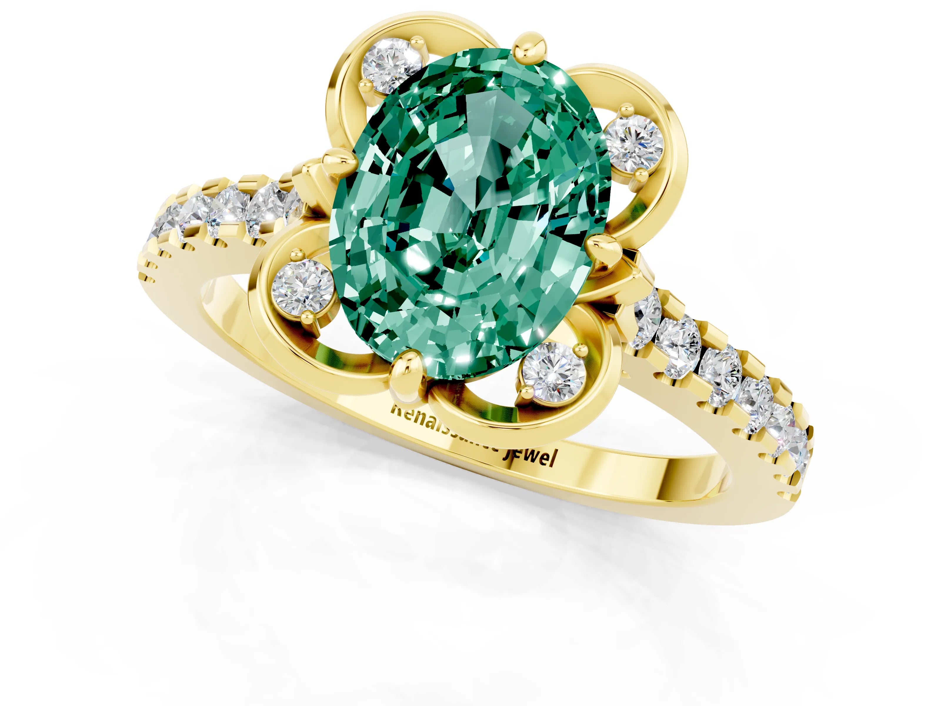 Yellow gold Oval Cut Green Sapphire Ring with Pavé Band and Floral Prong Setting_1